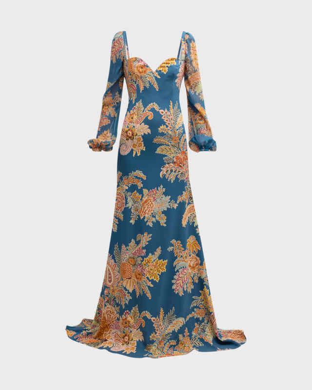 Floral Bouquet Sweetheart-Neck Blouson-Sleeve Gown